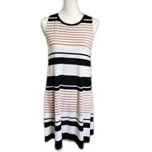 LOFT Outlet NWT white, tan, black striped dress, flowy & sleeveless,  size M